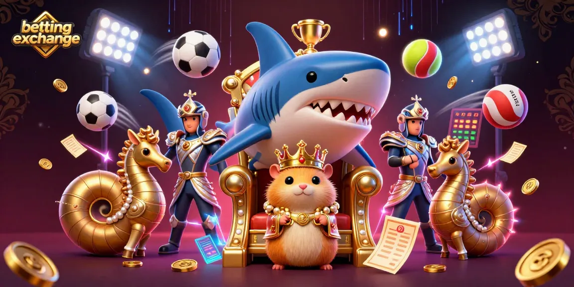 Betting exchange illustration showcasing dynamic sports elements and a golden hamster king on a megalodon throne.