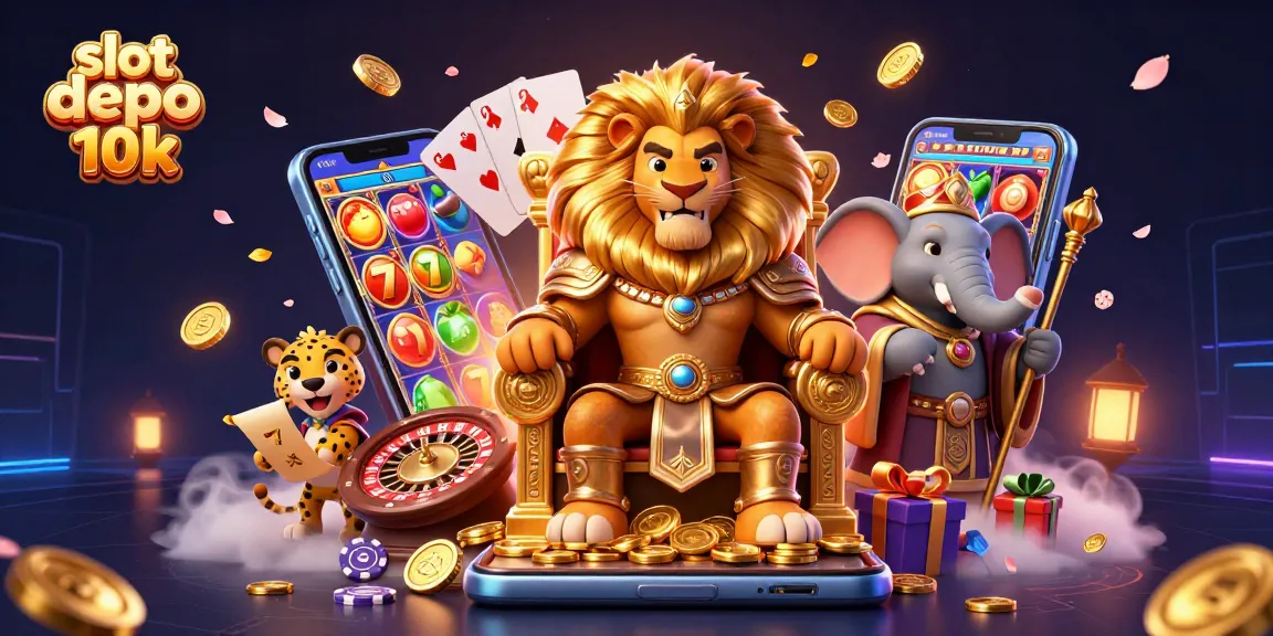 Visualisasi slot depo 10k yang menggambarkan raja singa bermahkota emas dan permainan slot yang menarik.