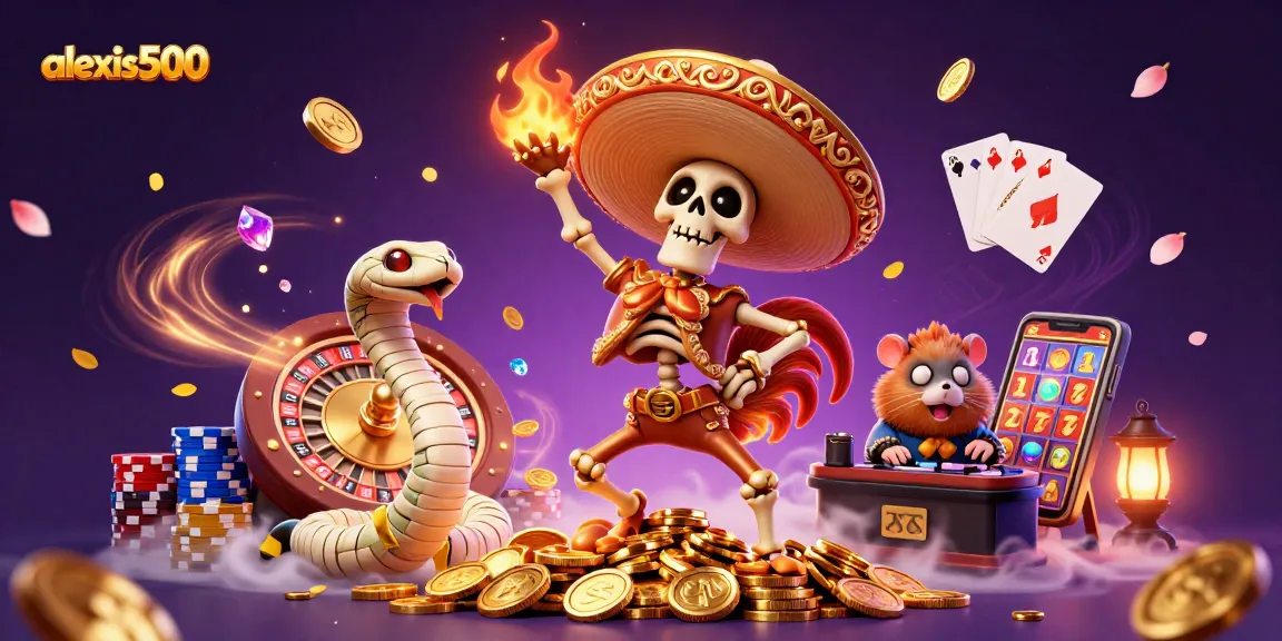 Win big at alexis500 with a festive dance of a skeleton mariachi and thrilling casino elements.