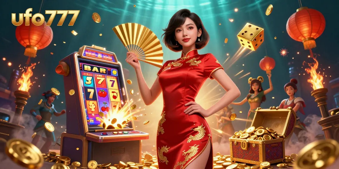 Win big with ufo777 in this vibrant casino scene featuring dynamic game elements and a radiant character.