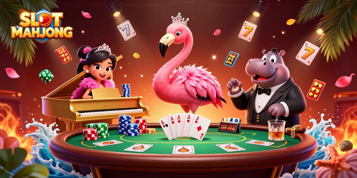 Experience SLOT MAHJONG with vibrant characters and dynamic game elements in a lively casino scene.