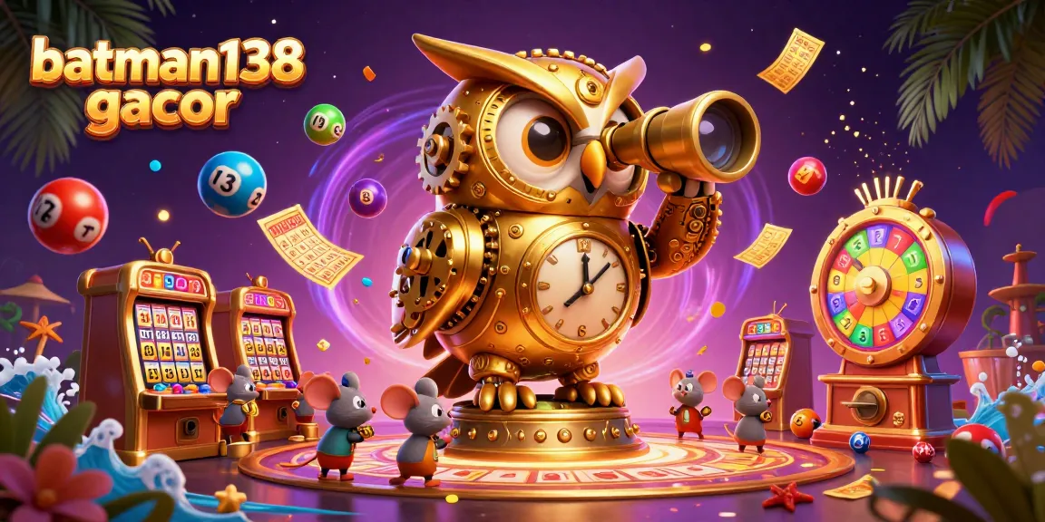 Engage with batman138 gacor through vibrant gaming elements as a golden owl watches over a bustling casino.