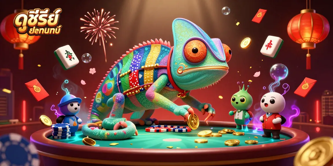 Watch ดูซีรี่ย์ออนไลน์ with an exciting illustration of chameleon casino owner and festive gambling elements.