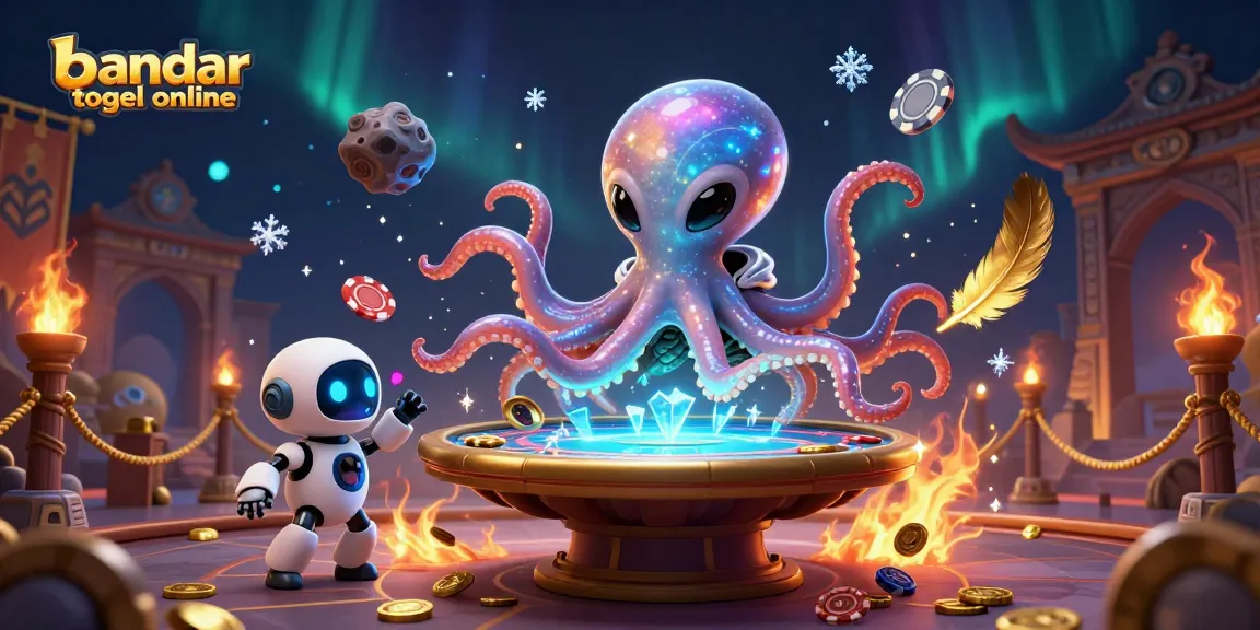 Experience thrilling gameplay at bandar togel online with an alien octopus engaging at a holographic poker table.