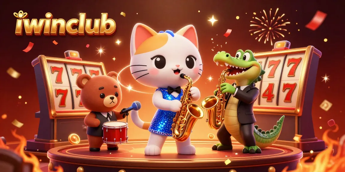 Experience the excitement at iwinclub with a vibrant casino scene featuring a jazzy cat and lively characters.