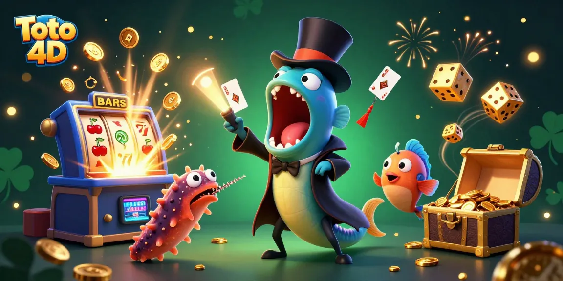 Toto 4D showcases a magical scene with deep-sea characters performing epic card tricks amid jackpot elements.