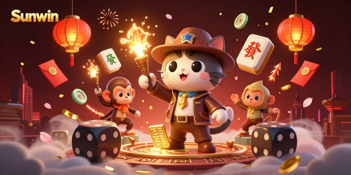 Sunwin showcases a vibrant casino adventure with an explorer cat and monkey discovering treasures in a mystical temple.
