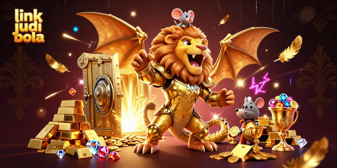 Engage in the adventure of link judi bola, showcasing a chimera with a mouse jockey amidst treasures.