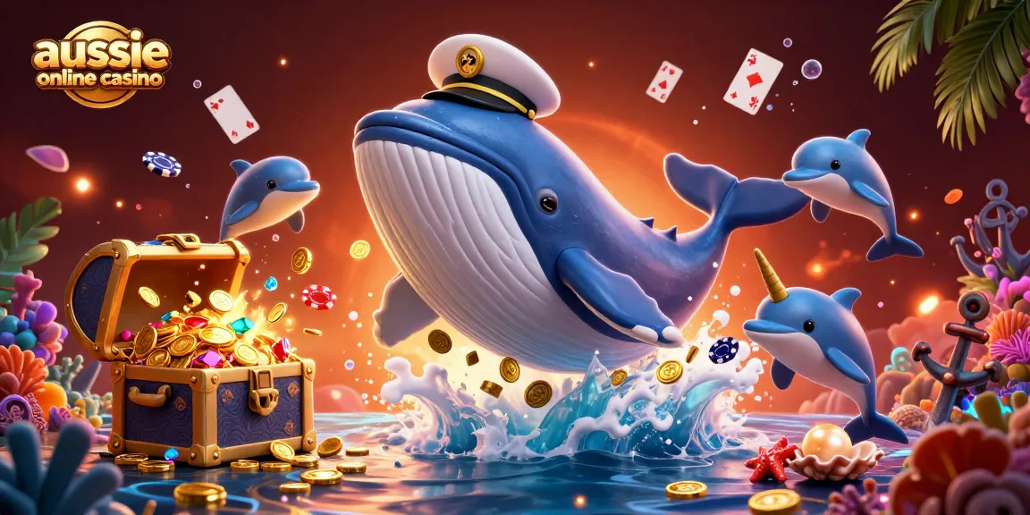 Play poker with playful dolphins amidst a sea of coins at aussie online casino.