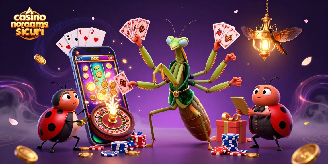 Giocando in un casino non AAMS sicuri con un camaleontico dealer e simboli di fortunati giochi.