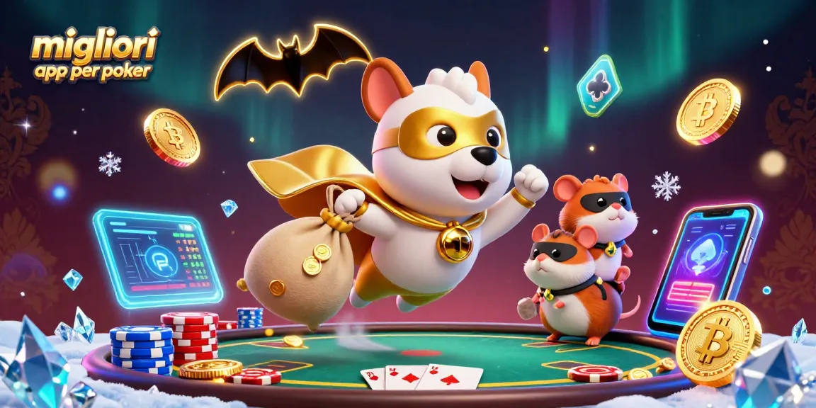 Gioca alle migliori app per poker sicure mentre un cane supereroe vola con un sacco di monete d'oro.