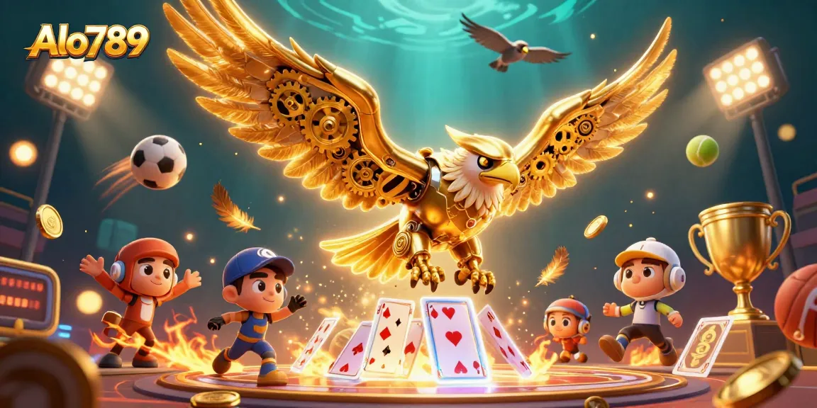Alo789 offers thrilling cockfighting action with a dynamic scene of a golden eagle diving through holographic cards.