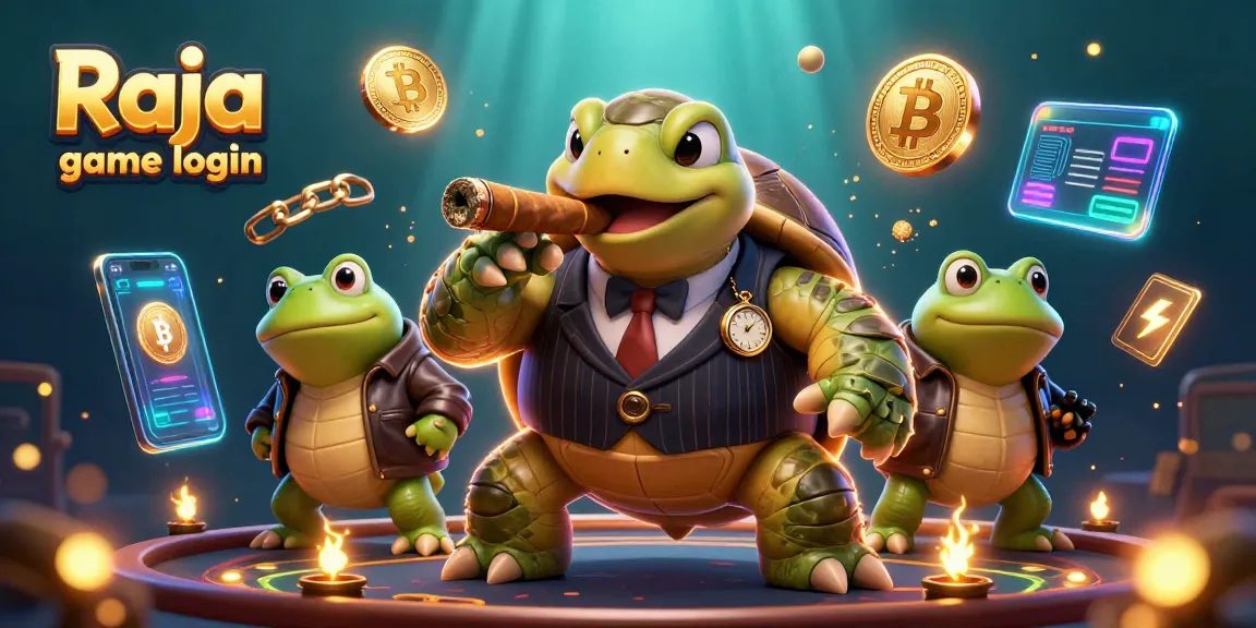 Engage with Raja game login as a vibrant scene featuring a turtle in a mobster suit with crypto elements and casino lights.