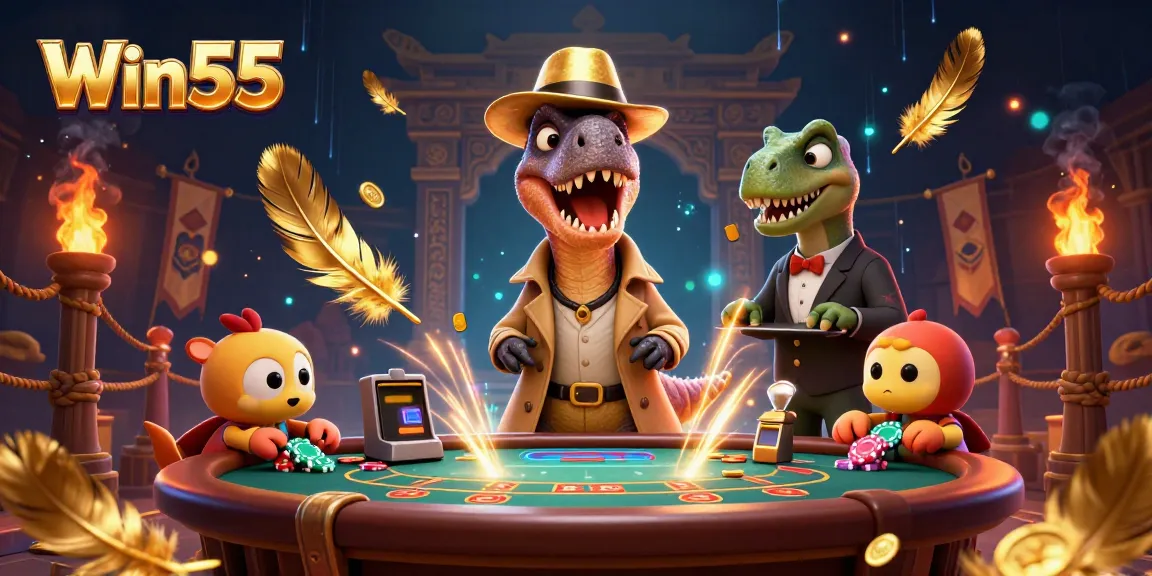 Experience thrilling gameplay at Win55 with a lively cartoon casino scene featuring dinosaurs.