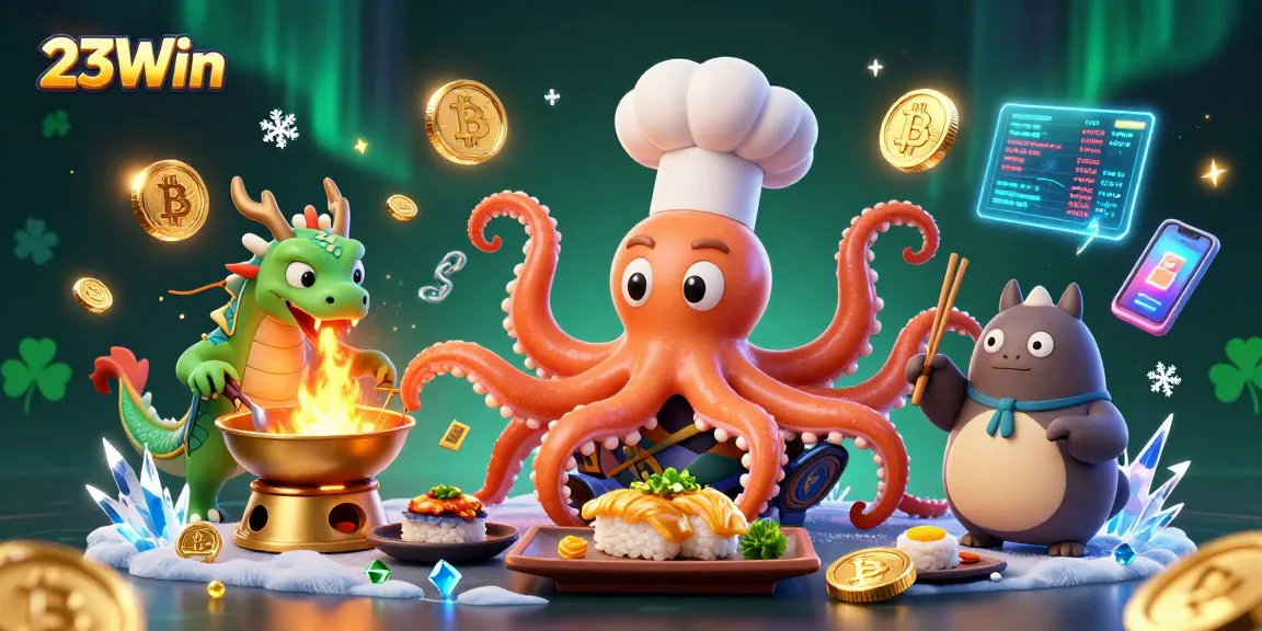 Engage in the exciting world of 23Win with vibrant casino graphics and crypto elements.
