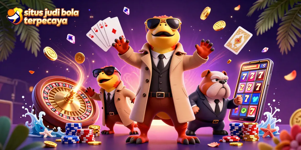 Situs judi bola terpercaya offers exciting betting opportunities, featuring raptors in a trench coat entering a VIP casino lounge.