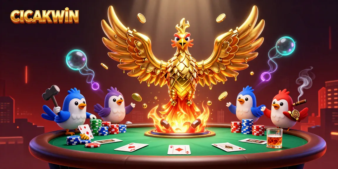 CICAKWIN reveals a molten golden phoenix and poker table scene, showcasing dynamic gambling energy.
