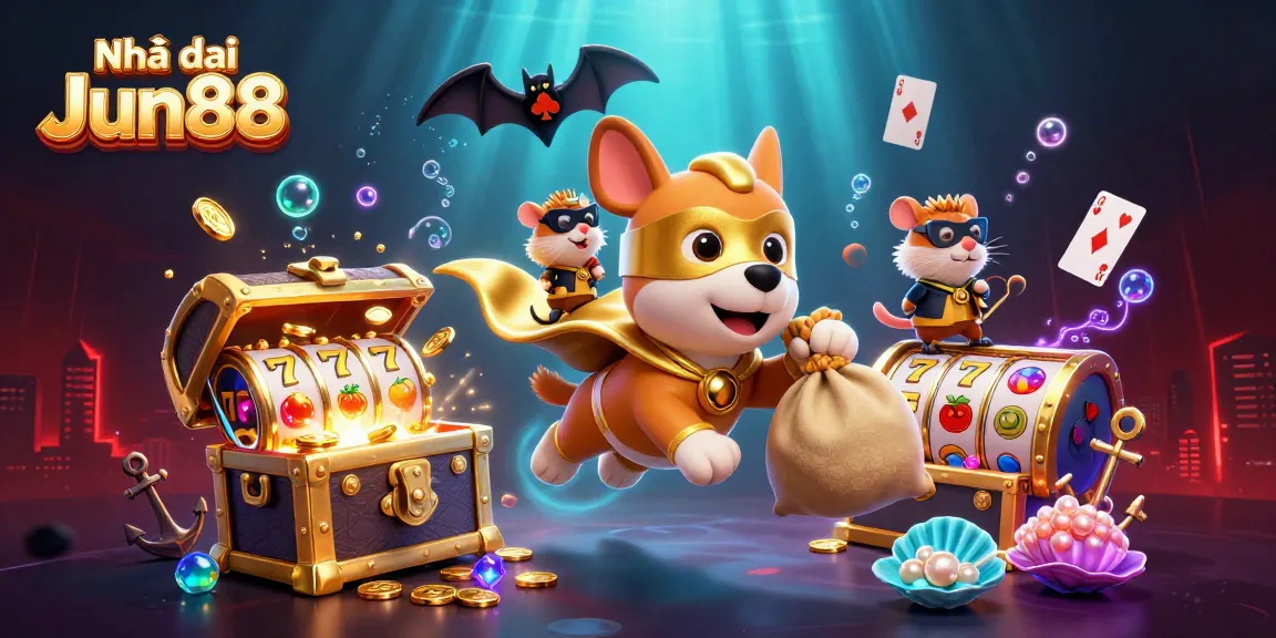 Experience thrilling gaming action at Nhà cái Jun88 with our vibrant treasure-filled illustration.