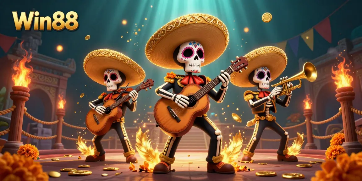 Win88 offers a vibrant casino experience with a colorful mariachi band and dazzling game elements.