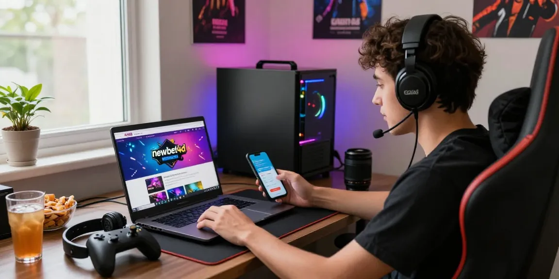Experience the excitement of online betting with newbet4d featuring a user engaged on laptop and smartphone.