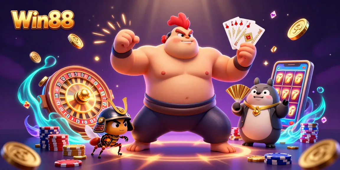 Win88 boasts a vibrant casino scene with a powerful sumo rooster, fierce cricket, and tanuki announcer surrounded by dazzling game elements.