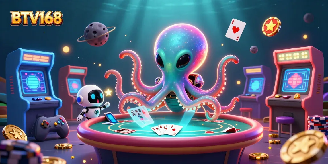 BTV168 poker game scene featuring a colorful alien octopus and a robot playing with holographic cards and chips.