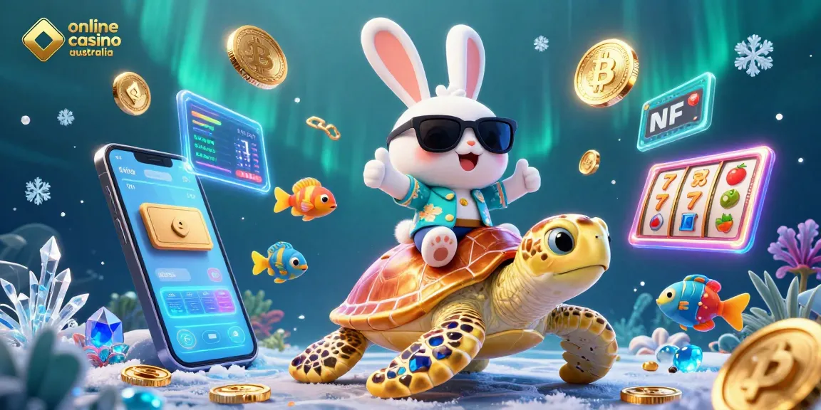 Engage with the online casino Australia experience featuring a cartoon lucky rabbit and golden turtle in a vibrant sea of crypto.