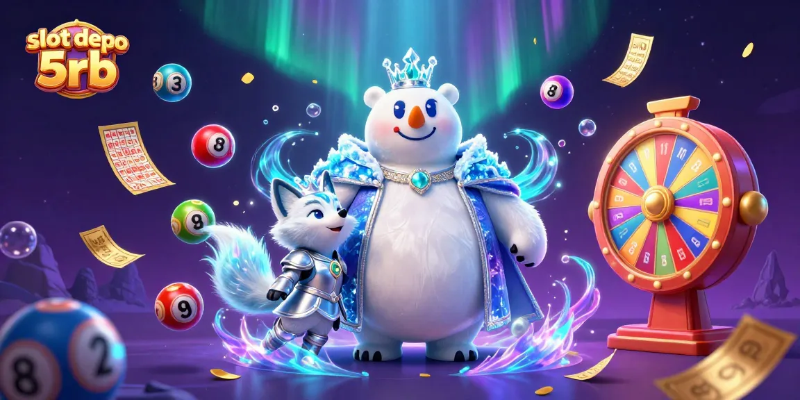 Win big with slot depo 5rb as an ice king polar bear and fox spin the reels and lottery balls.