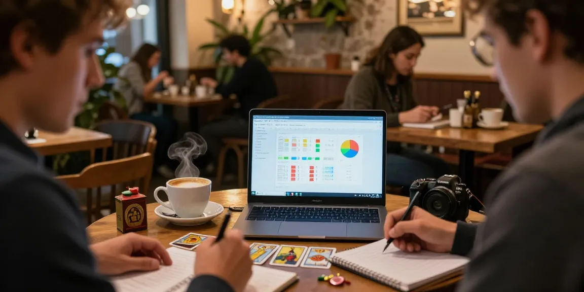 Analisis nomor rejeki di kafe hangat dengan grafik dan catatan.