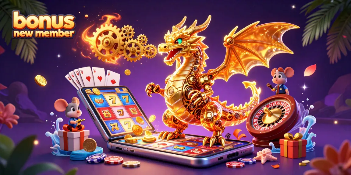 Engage with the bonus new member offer featuring a golden dragon and vibrant slot game visuals.