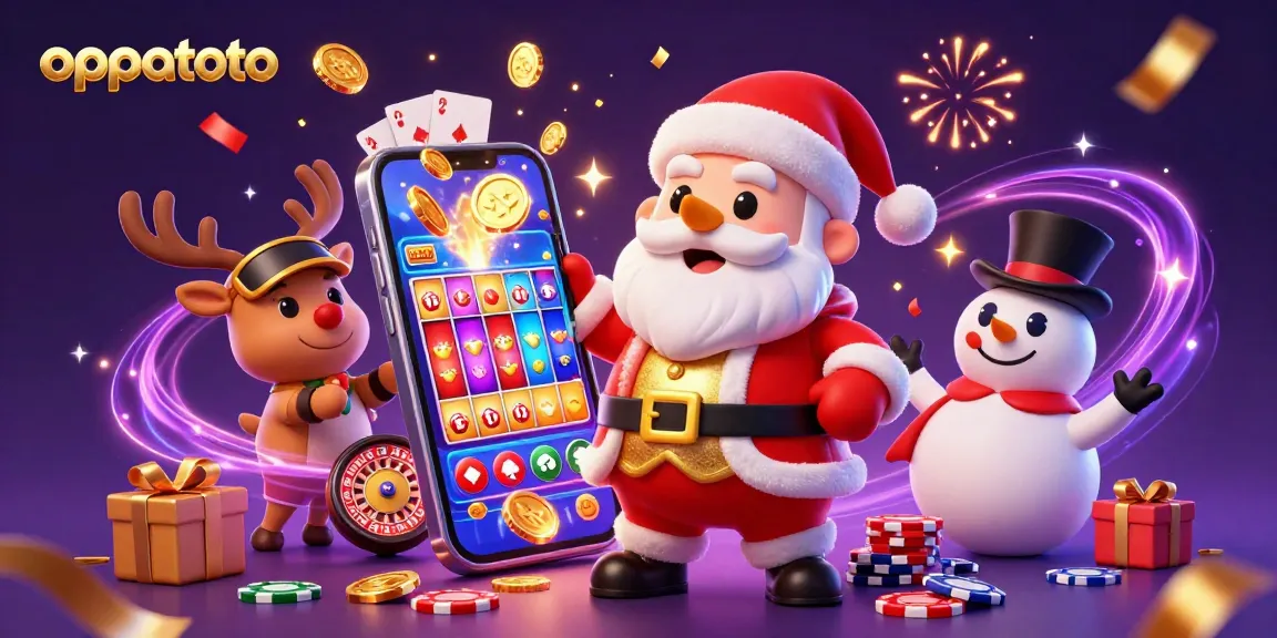 Experience thrills with oppatoto as Santa and friends celebrate jackpot slots in a vibrant casino.