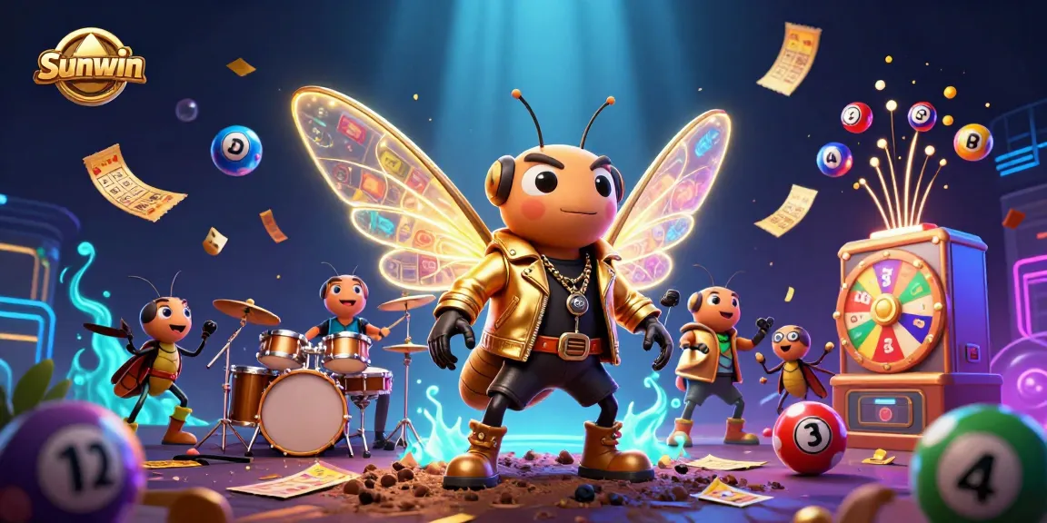 Sunwin showcases a vibrant casino scene featuring a cicada rock star amidst dynamic lottery elements.