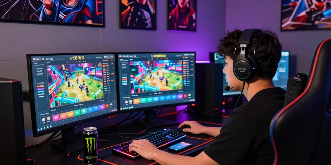 Engaged gamer using 토토사이트 on dual monitors in a stylish setup.